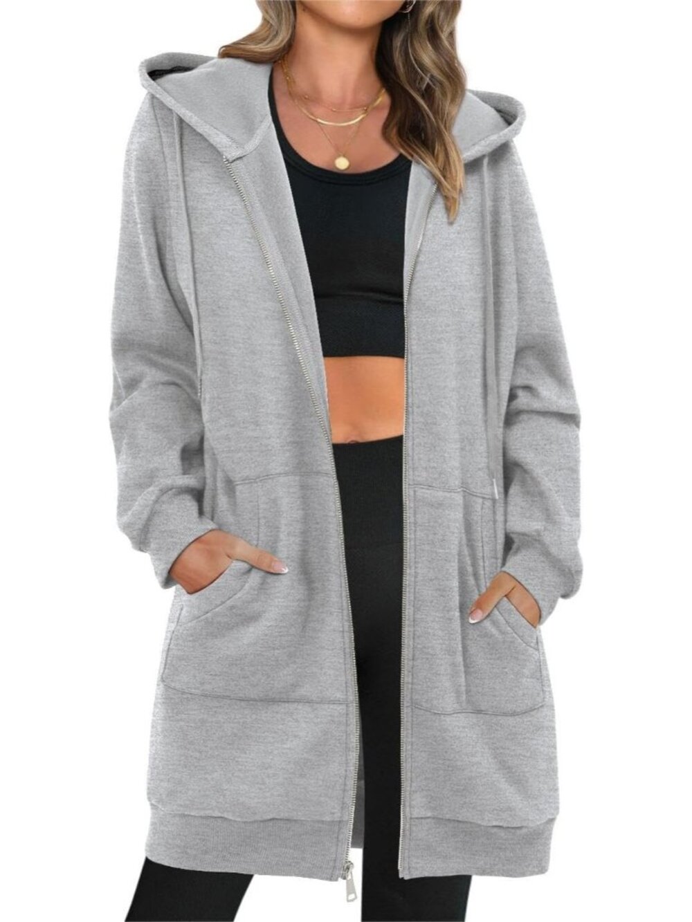 Women Grey Oversized Shirts Casual Hooded Neck Long Sleeve Pocket Fall Jacket